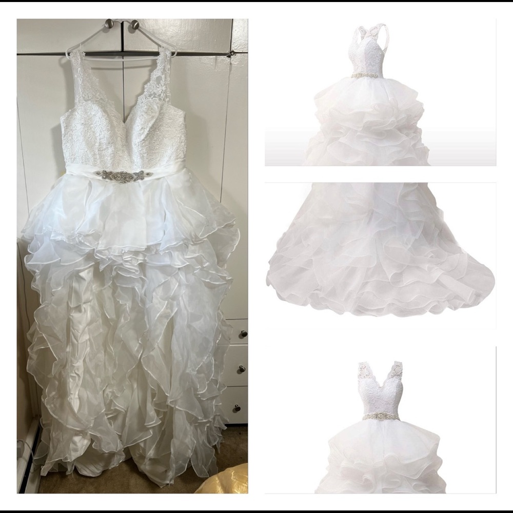 Ruffle wedding dress with shiny belt for sale! Never been worn before.